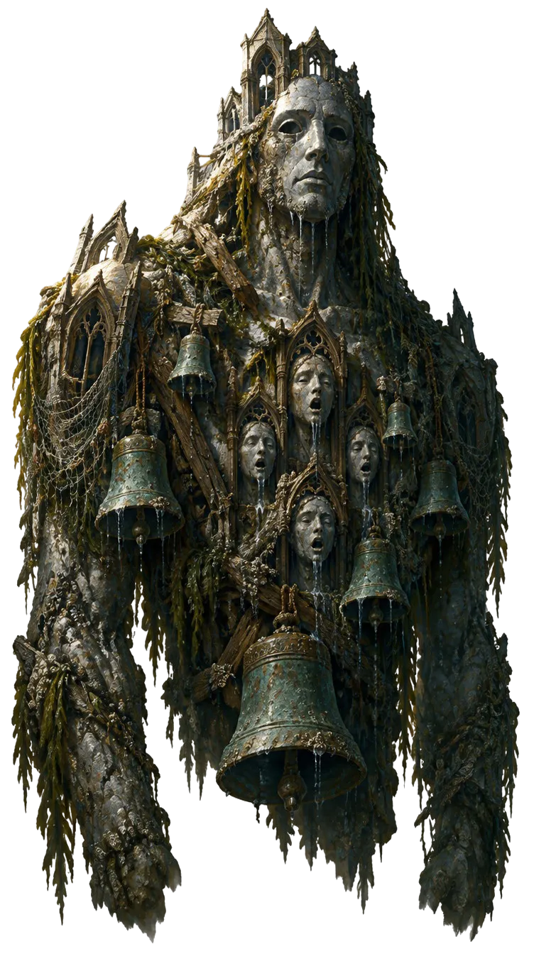 The Drowned Choir, raksasa dari batu katedral dan lonceng, menjulang di laut di belakang polder.