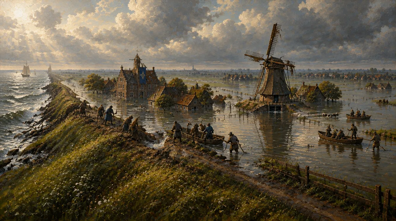 Polder Wyndholt pagi setelah Storm Tide: dike jebol, petak terendam, kincir patah, pemain mulai memperbaiki.