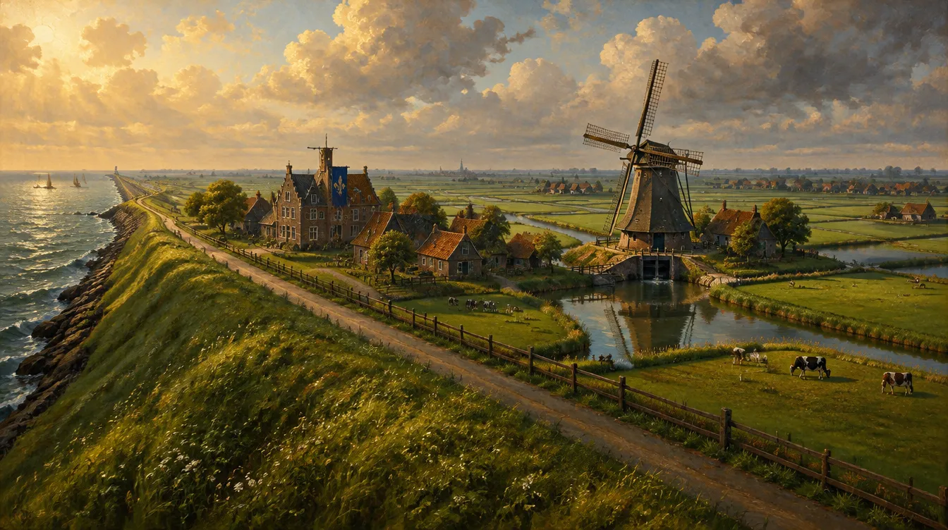 Polder Wyndholt sebelum Storm Tide: petak hijau rapi, kanal lurus, kincir berputar.